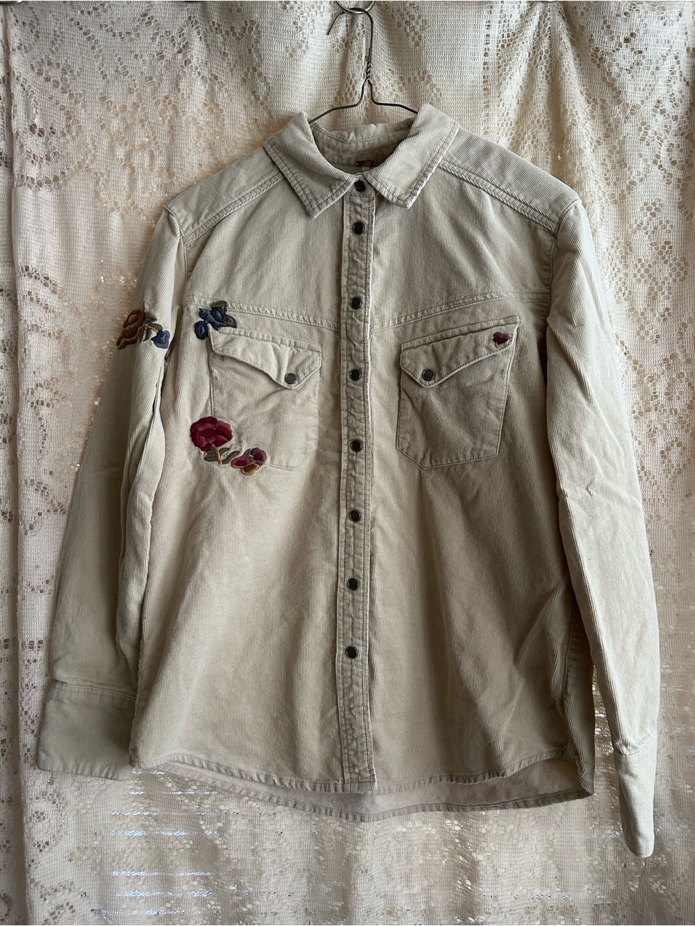 Free People Embroidered Cream Snap Button-Up Corduroy Shirt
